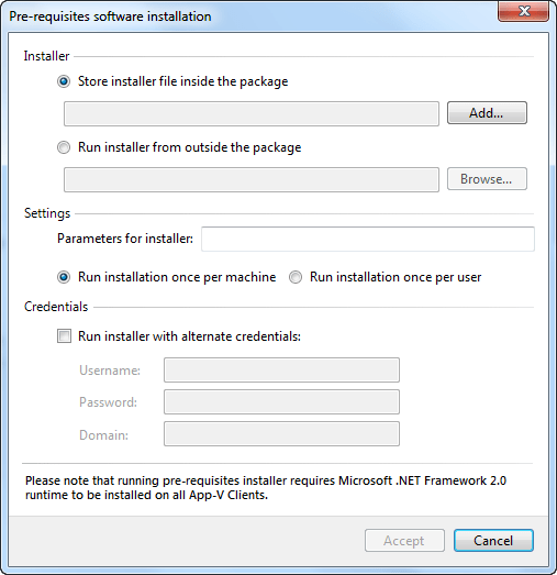Pre-requisites software configuration screen