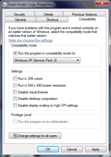 Compatibility settings tab with Windows XP lie set