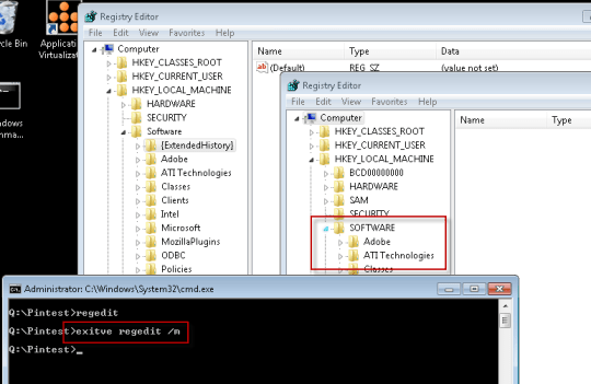 Registry editors both inside and outside VE looking at the same key/branch