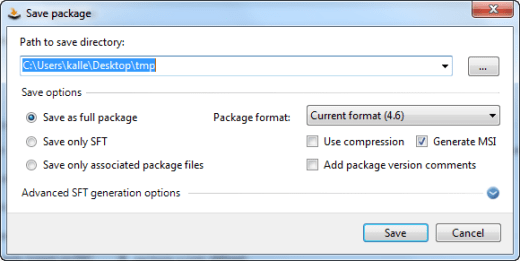 Package save settings dialog
